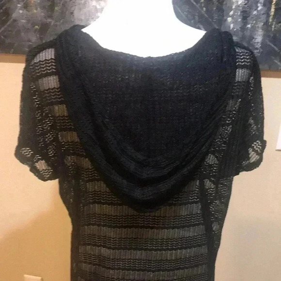 Dream Beach Black Hooded Swim Cover Up Rounded Hem Sheer Chevron Design-M - Picture 5 of 8